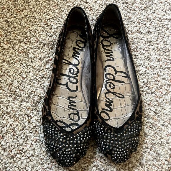Sam Edelman S Charleen Ballet Flats Size 7.5 Shoes Leather Fur Animal Studded - Picture 2 of 7